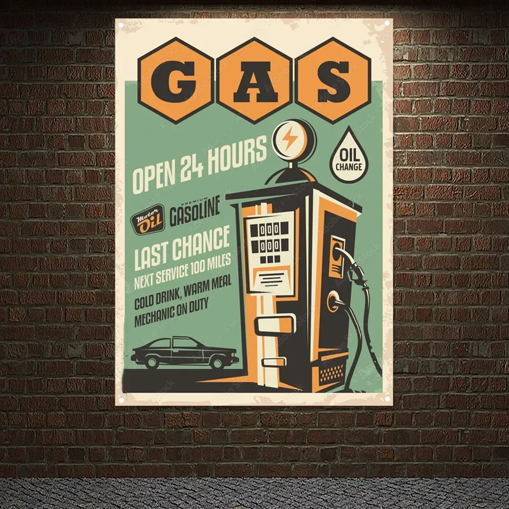 Auto Repair Shop Open - ปั๊มน้ํามันเปิด 24 ชั่วโมง Vintage รถบริการโปสเตอร์ธง Auto