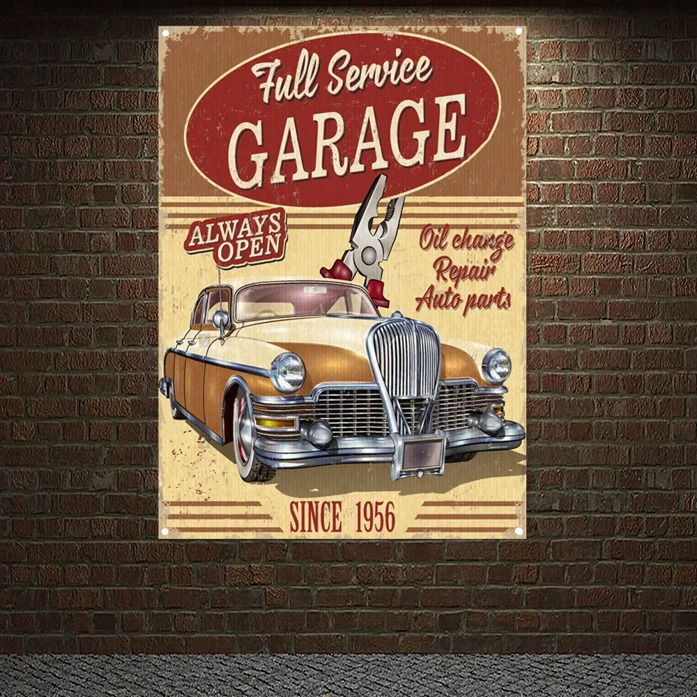 Auto Repair Shop Open - ป้ายโฆษณาบริการซ่อมรถยนต์วินเทจ ALWAYS OPEN GARAGE ผ้าแขวนผนังร้านซ่อมรถ ภาพวาดติดผนัง