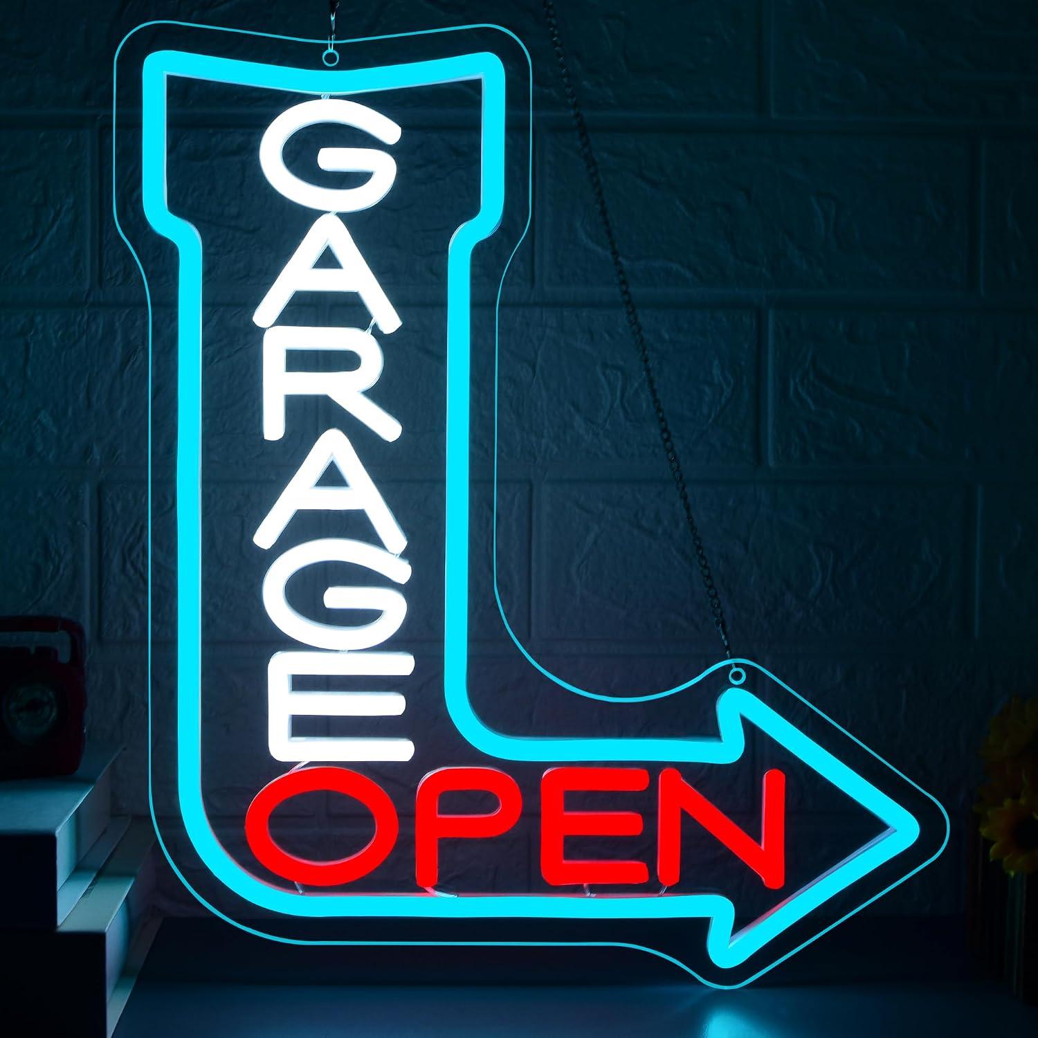 Auto Repair Shop Open - ป้ายไฟนีออนรูปลูกศรเปิดประตูโรงรถ ไฟ LED ปรับความสว่างได้ผ่านพอร์ต USB สำหรับร้านซ่อมรถยนต์