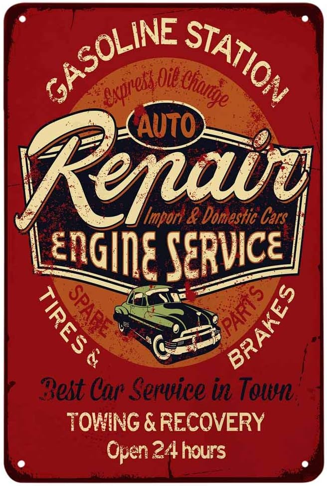 Auto Repair Shop Open - ป้ายโลหะวินเทจ ซ่อมรถยนต์ บริการเครื่องยนต์ ป้ายโลหะสถานีบริการน้ำมัน ยาง เบรก